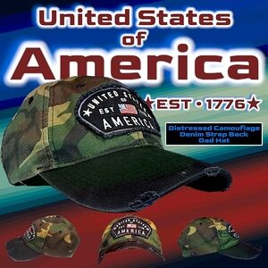 New Distressed Camouflage Denim Strap Back Dad Hat | Patriotic Patch | Unbranded